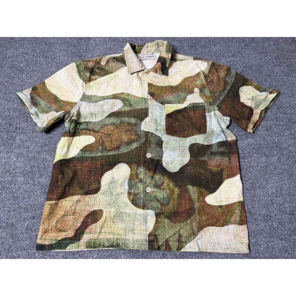 OUR LEGACY Shirt Mens 50 Green Camo Short Sleeve Box Shirt Relaxed Button-Up